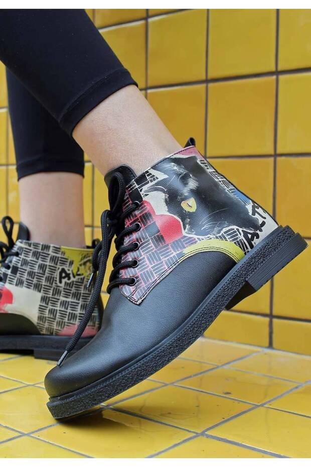 Women's Vegan Leather Black Ankle Boots - Artsy Cat Collage Design
