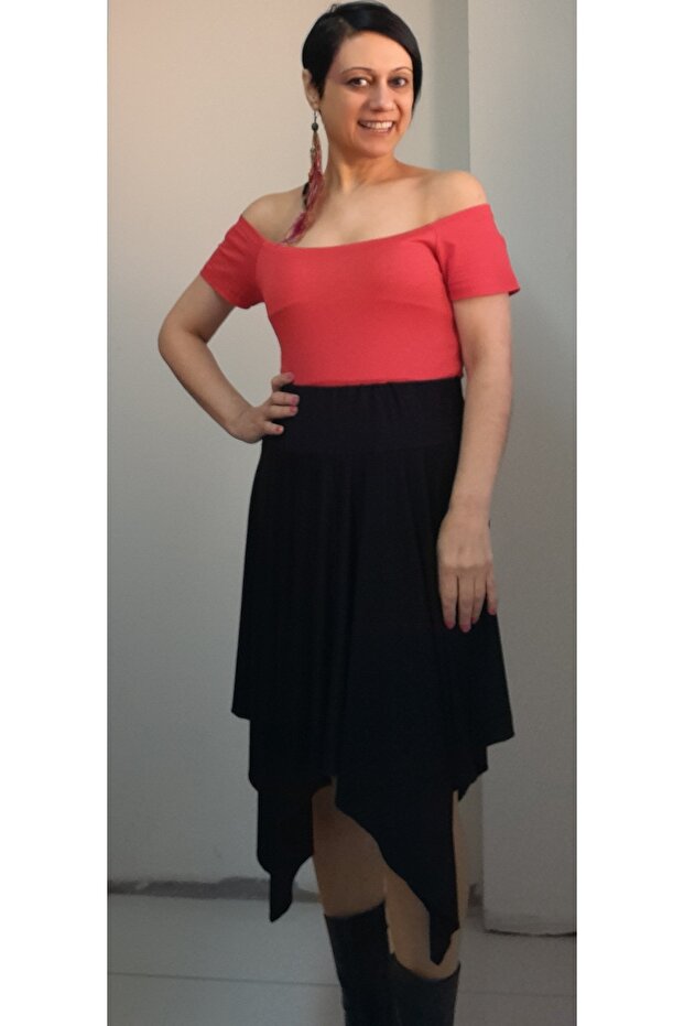 Black elastic waist asymmetrical combed cotton Viscose Skirt