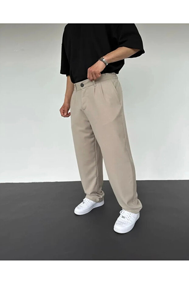 Beige Pleated Baggy Fabric Trousers Ç12