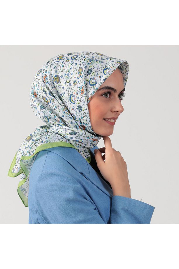 Pamuk İpek Eşarp - Çini Desen - Lime - 3
