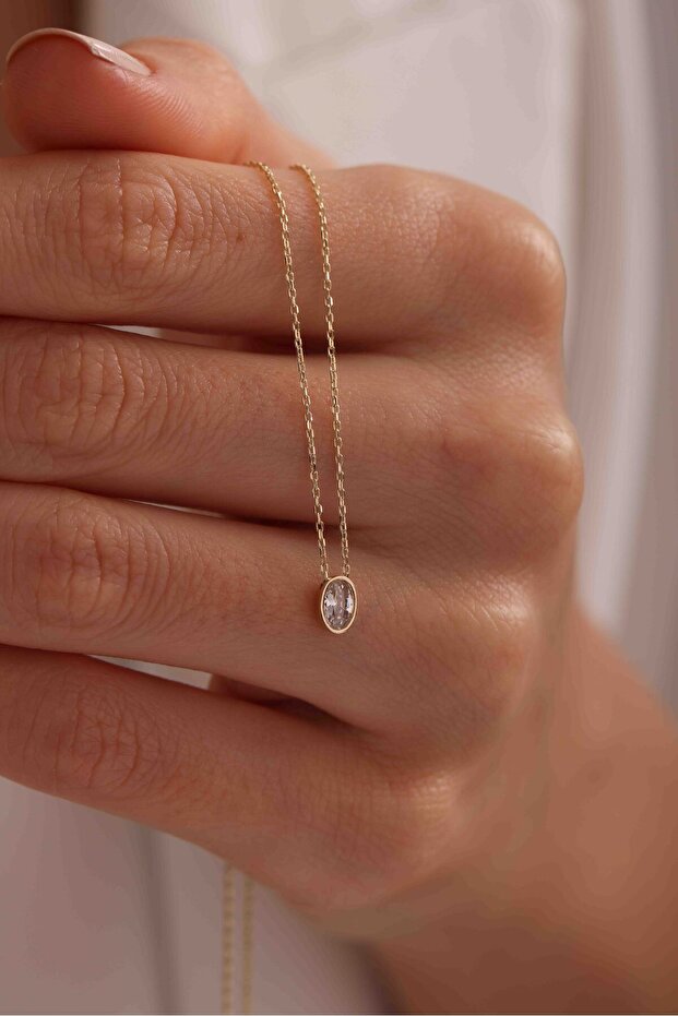 14 Ayar Oval Taşlı Altın Kolye - 4