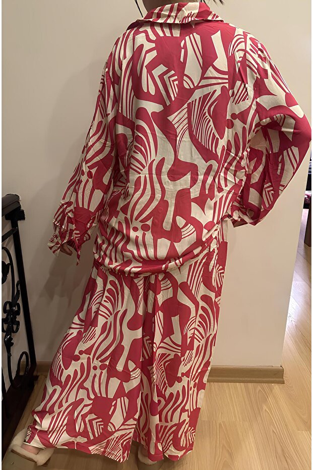Women's Patterned Comfortable Cut Colorful Buttoned Top and Bottom Set