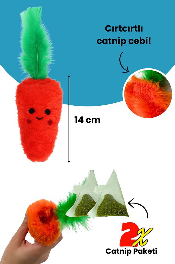 Havuç Şeklinde Catnip Cepli Peluş Kedi Oyuncağı 2 Adet Catnip Paketi Dahil - Catnipli Kedi Oyuncağı - 3