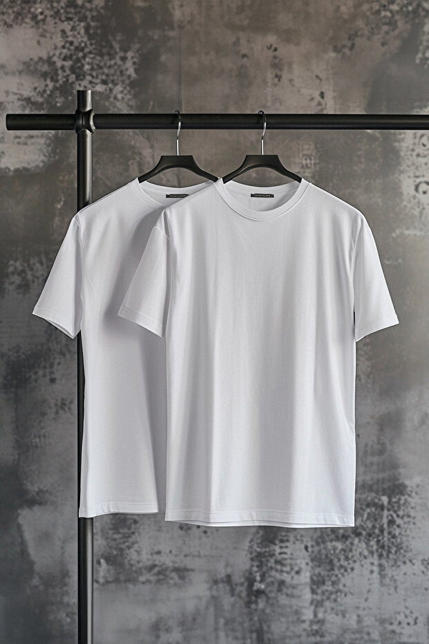 White Slim/Fit Basic 100% Cotton 2'Li Package Crew Neck Short Sleeve T-Shirt Tmnss19Bo0071