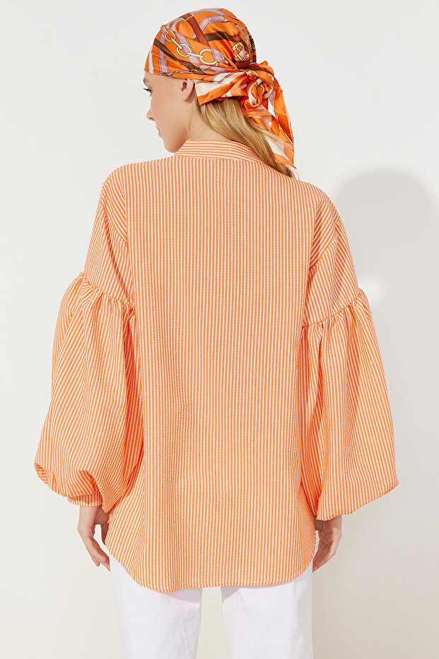 Narancssárga léggömb ujjú Seersucker szövött tunika TCTSS24UK00017 - 6