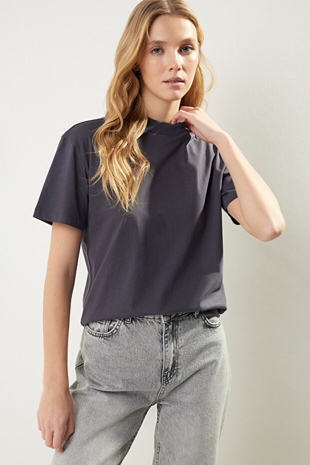 Antrasit-Turuncu 2'li Paket Basic Dik Yaka Örme T-Shirt TWOSS20TS1500 - 4
