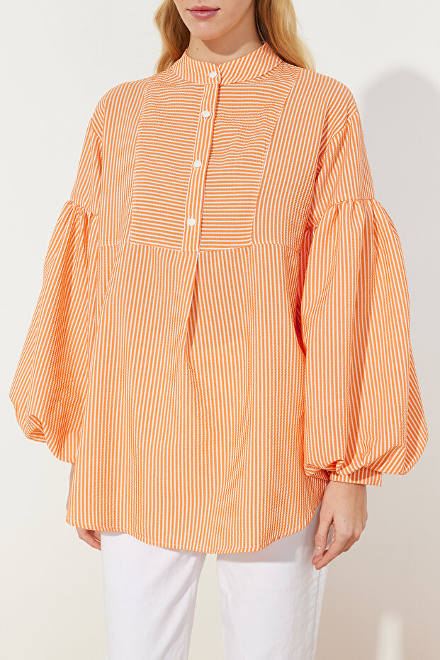 Narancssárga léggömb ujjú Seersucker szövött tunika TCTSS24UK00017 - 4
