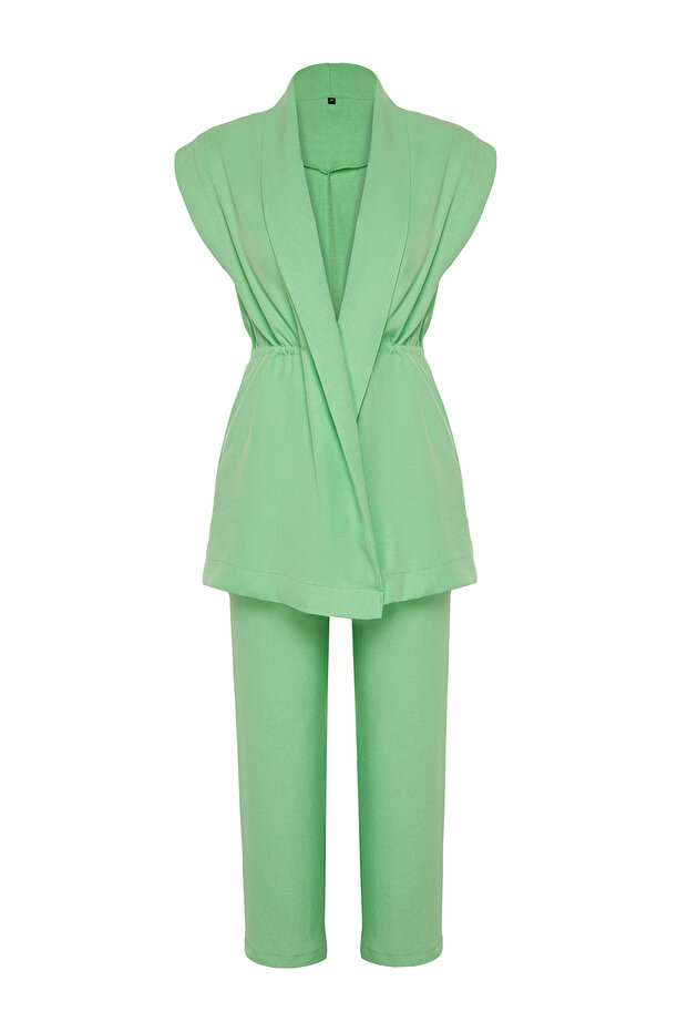 Yeşil İçten Bağlamalı Keten Görünümlü Kimono-Pantolon Dokuma Takım TCTSS23US00061 - 7