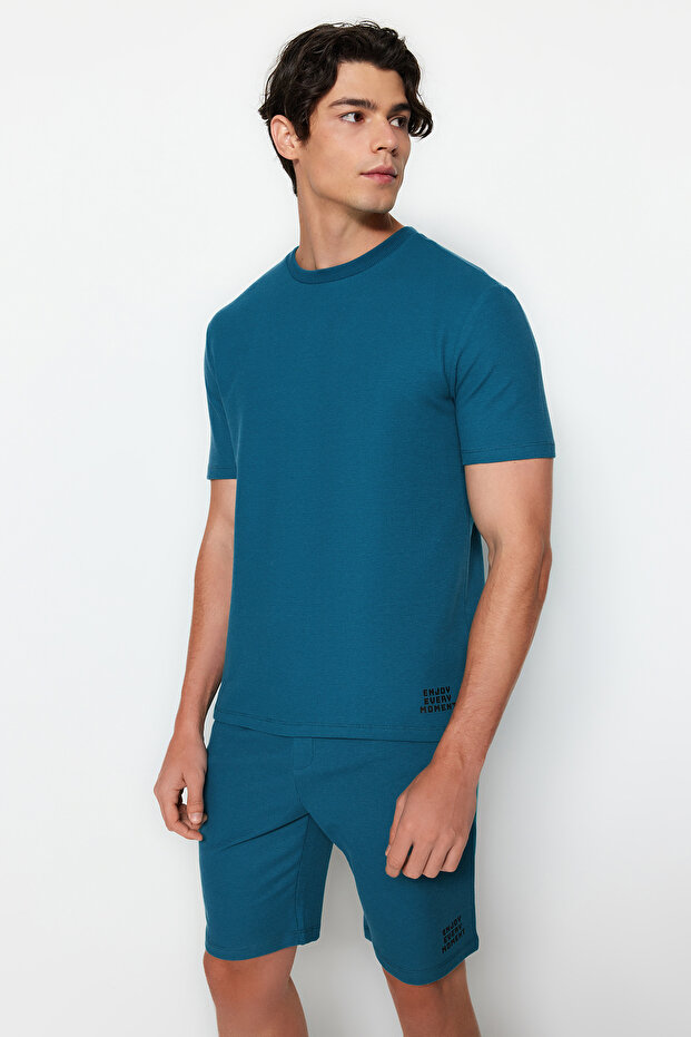 Petrol Regular Fit Dokulu Örme Şortlu Pijama Takımı TMNSS23PT00032 - 3