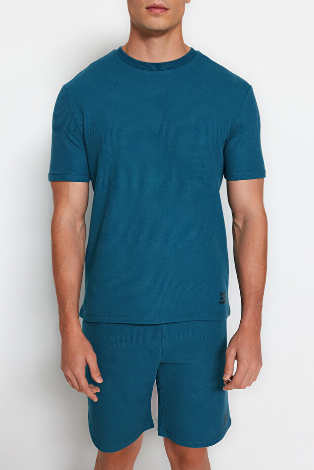 Petrol Regular Fit Dokulu Örme Şortlu Pijama Takımı TMNSS23PT00032 - 9