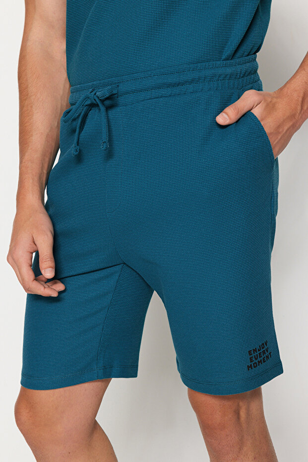 Petrol Regular Fit Dokulu Örme Şortlu Pijama Takımı TMNSS23PT00032 - 8