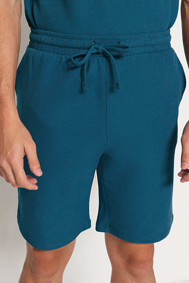 Petrol Regular Fit Dokulu Örme Şortlu Pijama Takımı TMNSS23PT00032 - 5