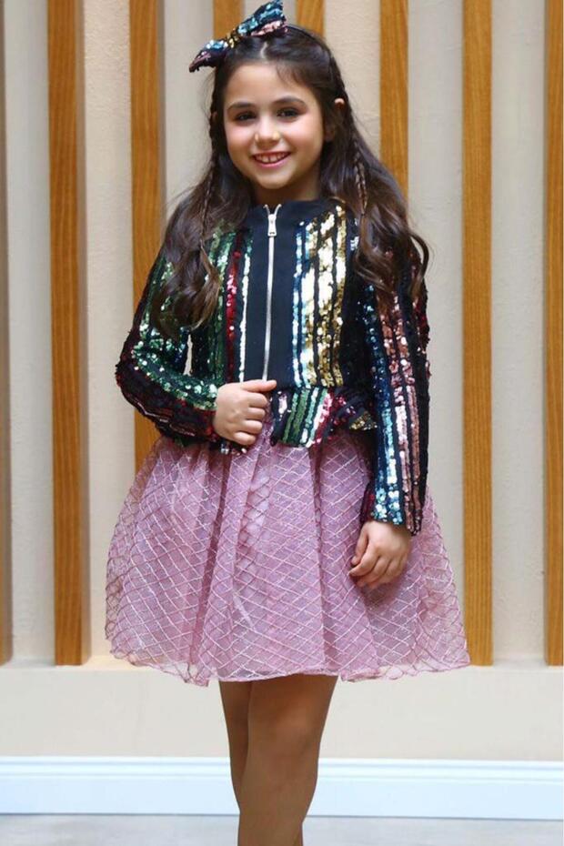 Girl's Sequin Detailed Jacket and Fluffy Tulle Pink Skirt Set