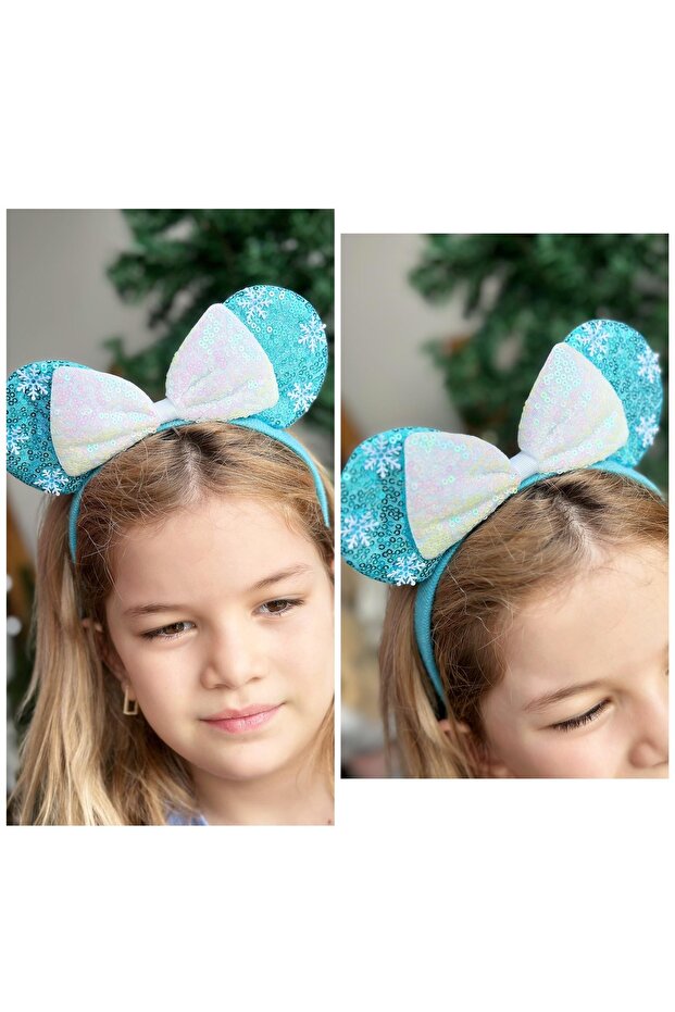 Disney minnie mouse luxury sequined bow snowflake crown with mini mouse ears children's crown turquoise blue