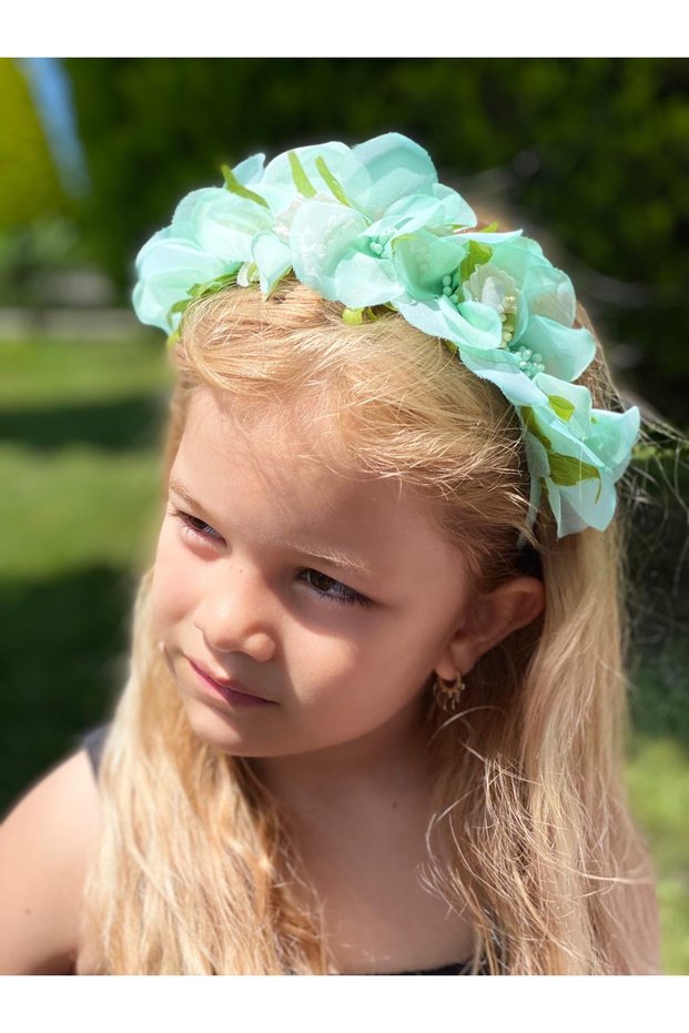 Large artificial silk bud with flower women's child crown satin crown engagement henna water green