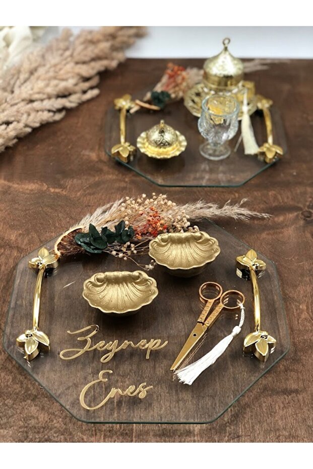 Cam Okaliptus yaprak süslemeli Cipsolu Söz Nişan Ve Damat Kahve Fincan Tepsi Seti - 1