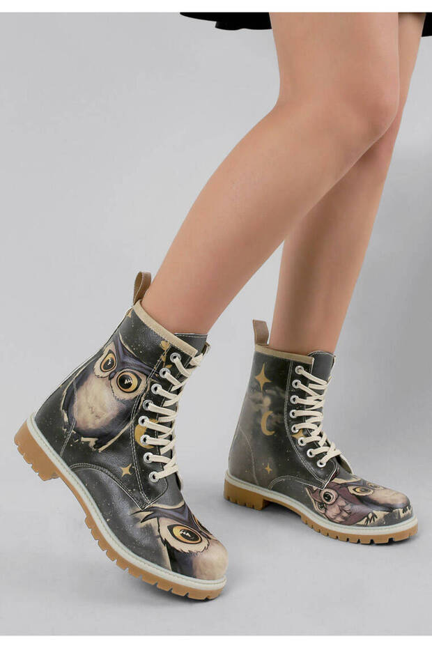 Women's Vegan Leather Black Long Boots - Owls Family Design