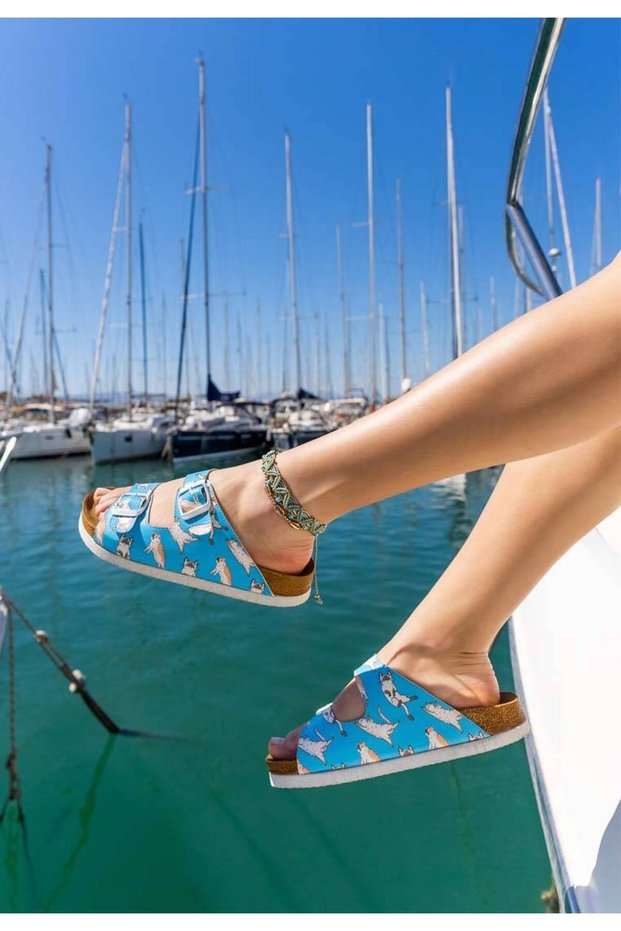 Women's Vegan Leather Turquoise Slippers - Let Me Cat You Design