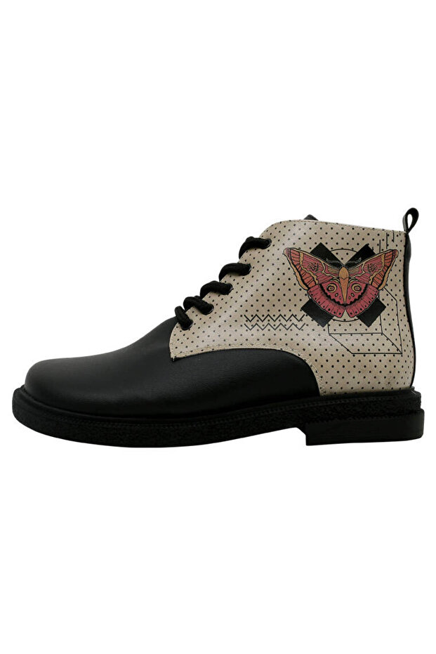 Women's Vegan Leather Black Ankle Boots - Minima Butterfly Design