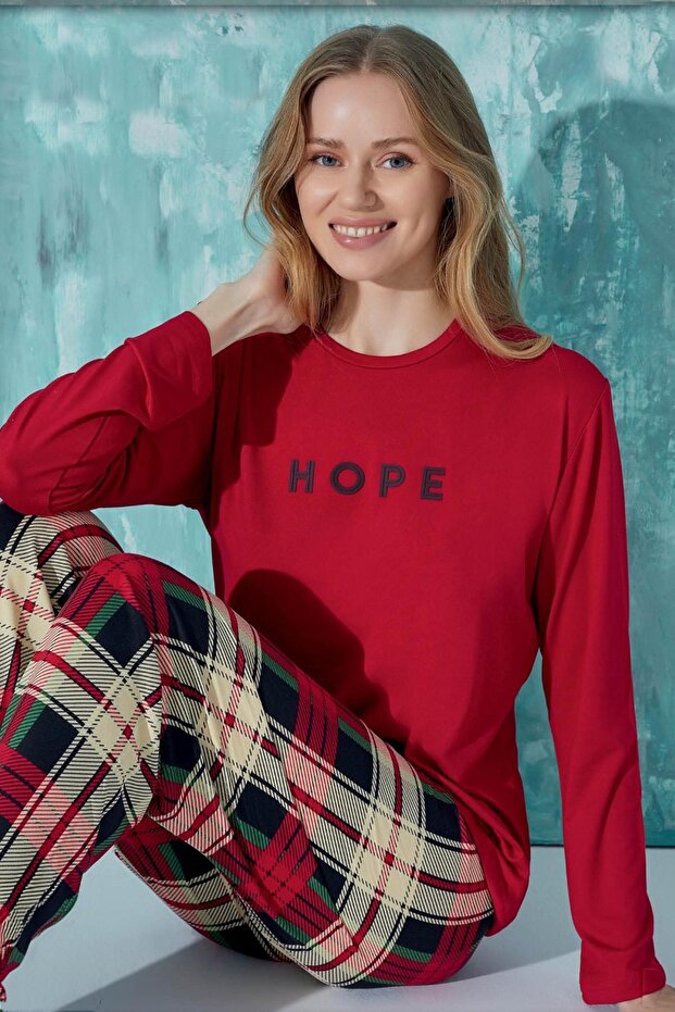 Women's Long Sleeve Red Pajamas Set C5T0N9O02-11