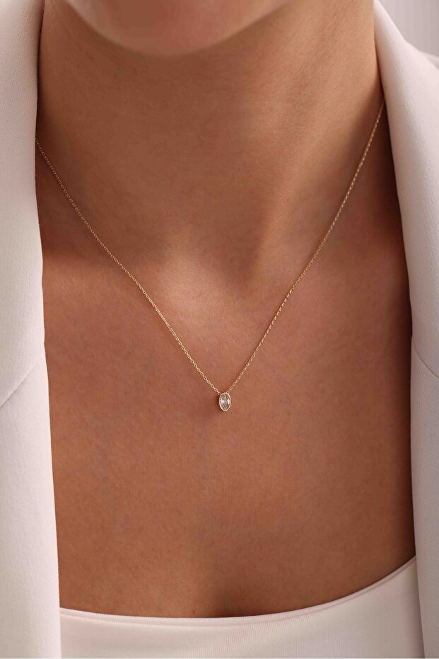 14 Ayar Oval Taşlı Altın Kolye - 3