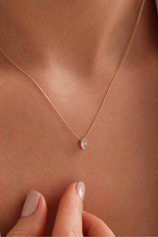 14 Ayar Oval Taşlı Altın Kolye - 1