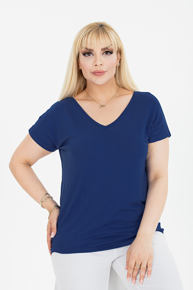 Cobalt Blue Large Size Blouse with V-Neck Detail on the Front and Back