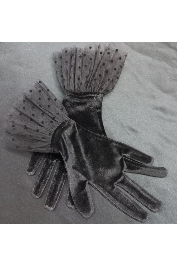Gülfem polka dot ruffle velvet bridal gloves black