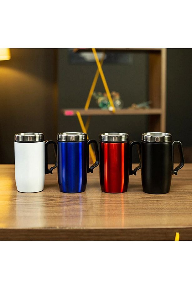 Çift Katmanlı Kauçuk Taban 280ml Mat Siyah Kulplu Paslanmaz Çelik Termos Bardak Mug Kupa Çay Kahve - 7
