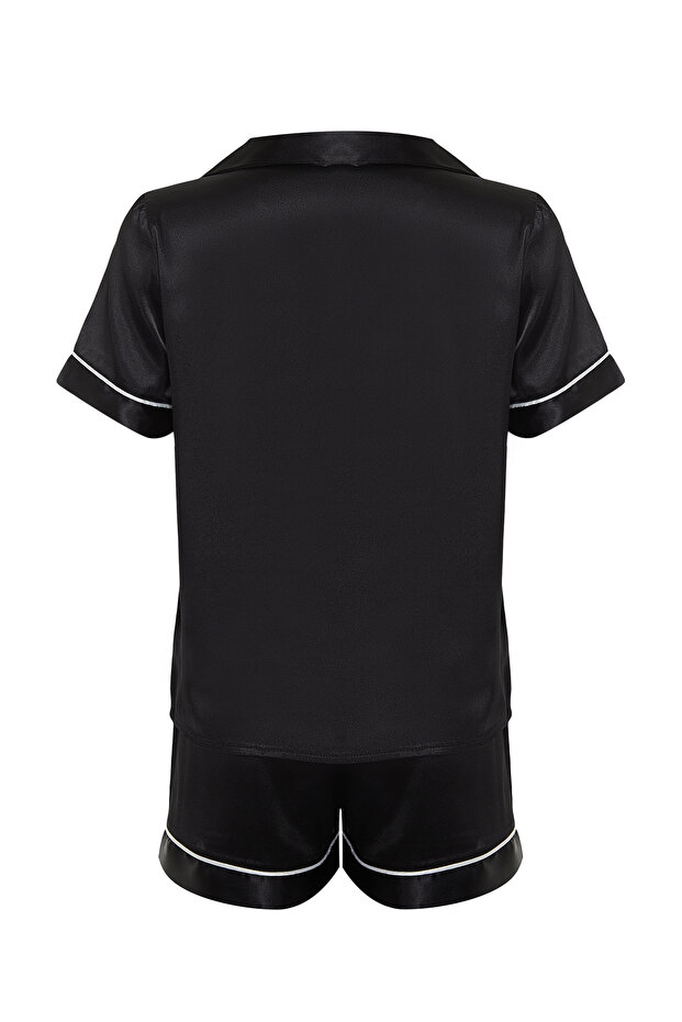 Siyah Biye Detaylı Saten Şortlu Dokuma Pijama Takımı THMSS24PT00026 - 9