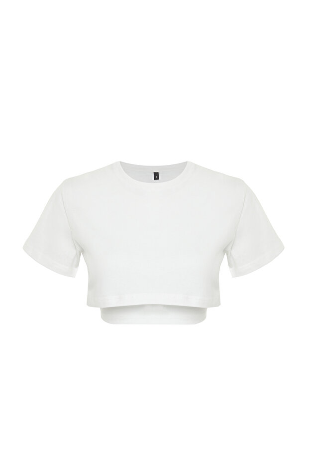 Beyaz 2 Katmanlı Reflektör Baskılı Crop Örme Spor T-Shirt THMSS24TS00001 - 7