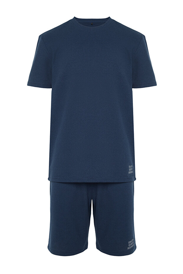 Lacivert Regular Fit Dokulu Örme Şortlu Pijama Takımı TMNSS23PT00032 - 11