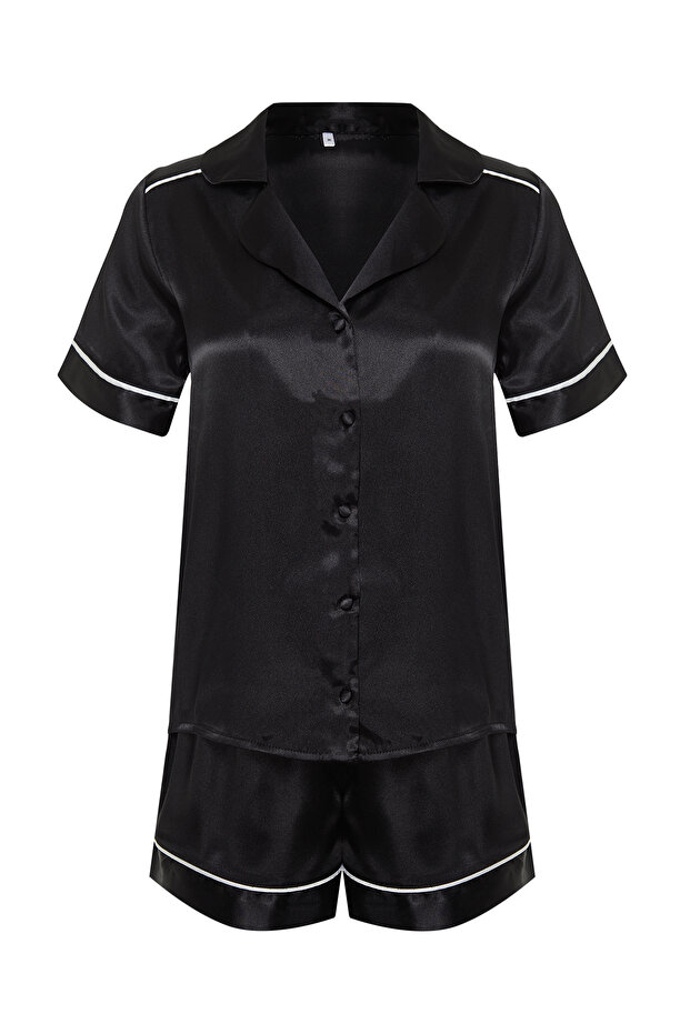 Siyah Biye Detaylı Saten Şortlu Dokuma Pijama Takımı THMSS24PT00026 - 8