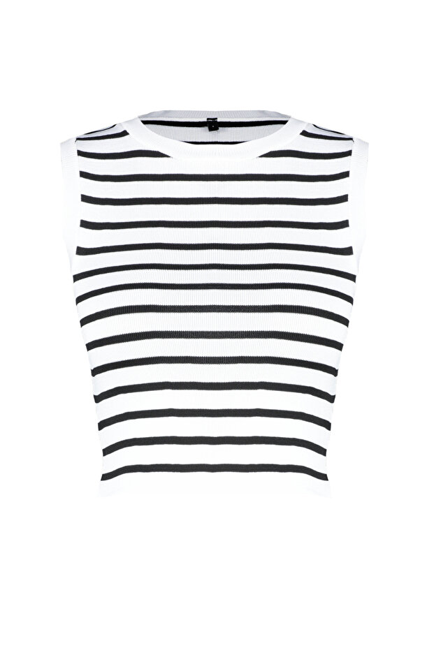 Ekru Crop Çizgili Triko İnce Bluz TWOSS23BZ00584 - 5