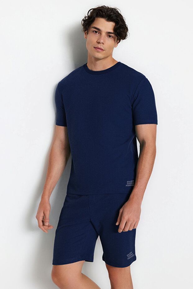 Lacivert Regular Fit Dokulu Örme Şortlu Pijama Takımı TMNSS23PT00032 - 8