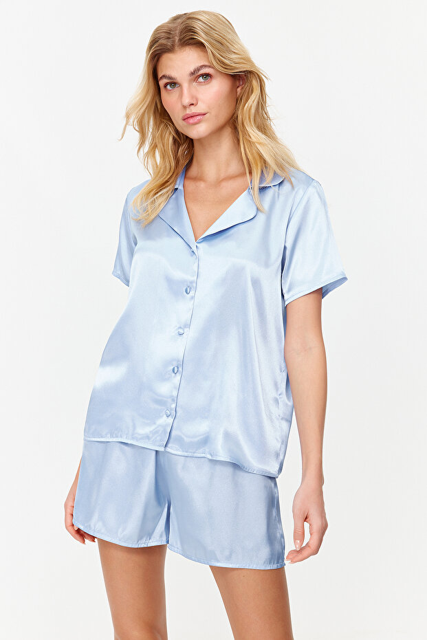 Mavi Saten Şortlu Dokuma Pijama Takımı THMSS24PT00118 - 3