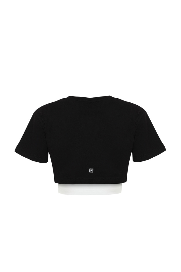 Siyah Beyaz 2 Katmanlı Reflektör Baskılı Crop Örme Spor T-Shirt THMSS24TS00001 - 8