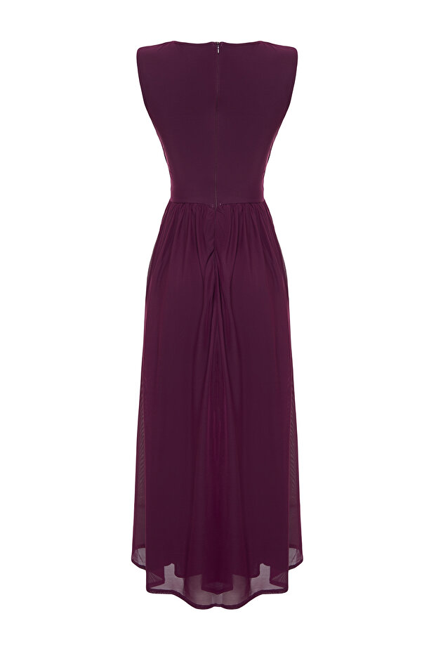 Mor A-Kesim Cut Out/Pencere Detaylı Uçuş Uçuş Tül Örme Midi Abiye Mezuniyet Elbisesi TPRSS24EL00022 - 3