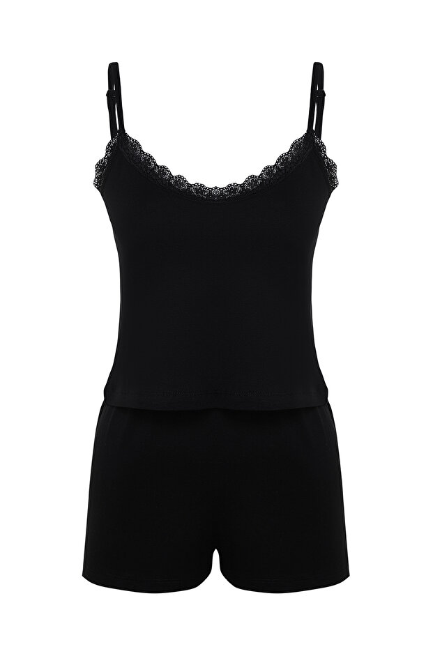 Siyah Dantelli İp Askılı Viskon Şortlu Örme Pijama Takımı THMSS24PT00007 - 7
