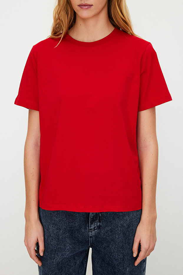 Kırmızı %100 Pamuk Basic Bisiklet Yaka Örme T-Shirt TWOSS23TS00000 - 4