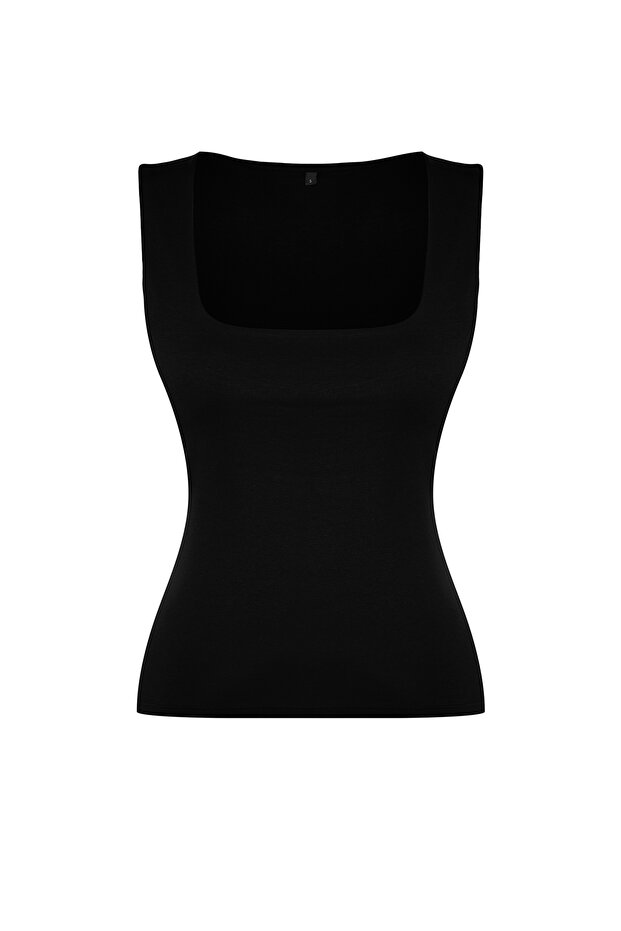 Siyah Kare Yaka Sıfır Kol Pamuklu Esnek Fitted/Vücuda Oturan Örme Atlet TWOSS24AL00013 - 7