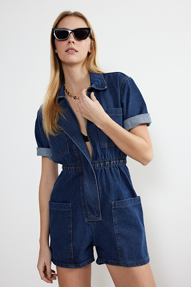Koyu Mavi Beli Lastikli Denim Şort Tulum TWOSS24TU00017 - 3