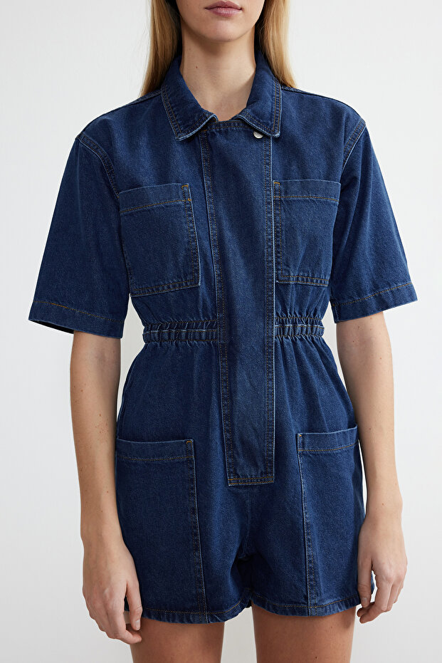 Koyu Mavi Beli Lastikli Denim Şort Tulum TWOSS24TU00017 - 4