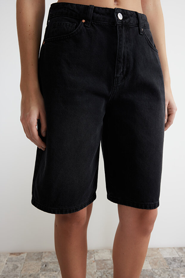 Siyah Yüksek Bel Denim Bermuda TWOSS24SR00007 - 4