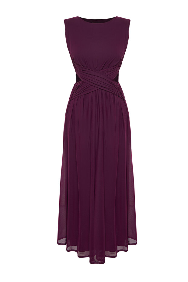 Mor A-Kesim Cut Out/Pencere Detaylı Uçuş Uçuş Tül Örme Midi Abiye Mezuniyet Elbisesi TPRSS24EL00022 - 2
