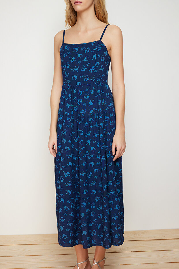 Indigo A Kesim Çiçek Desenli Boho Askılı Midi Dokuma Elbise TWOSS21EL1341 - 7