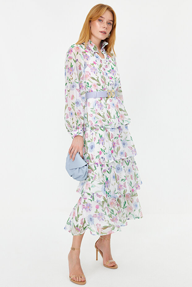 Modré lemované šifonové květinové tkané šaty TCTSS24EB00024 - 3