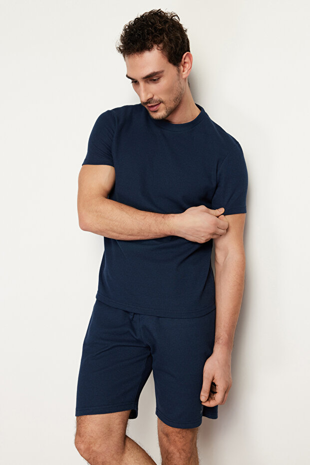 Lacivert Regular Fit Dokulu Örme Şortlu Pijama Takımı TMNSS23PT00032 - 3