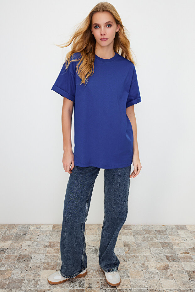 Saks %100 Kalın Pamuklu Oversize/Geniş Kalıp Bisiklet Yaka Örme T-Shirt TWOSS23TS00040 - 3