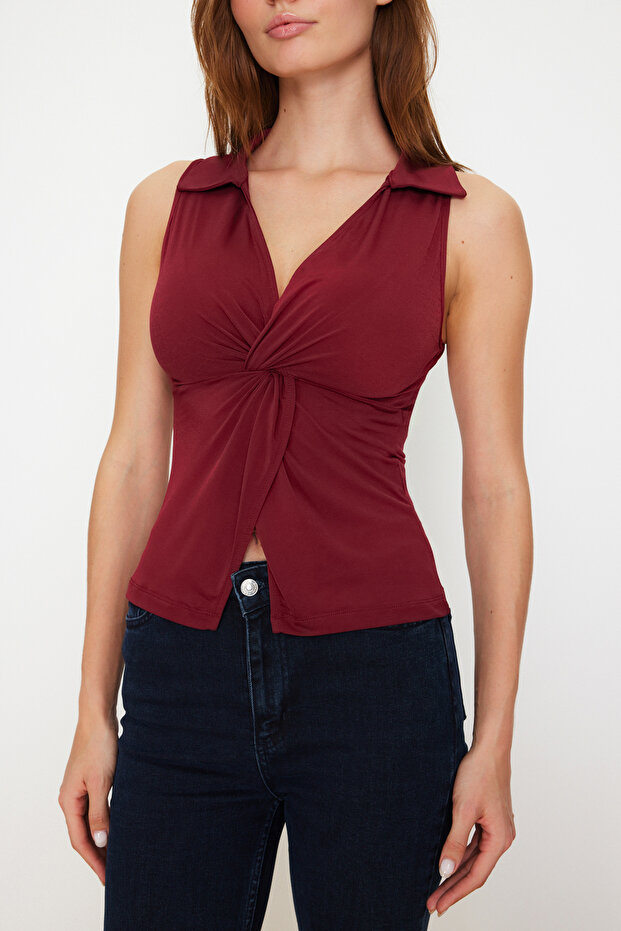 Bordo Fitted/Vücuda Oturan Polo Yaka Esnek Örme Bluz TWOSS24BZ00085 - 3